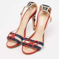 Chanel Multicolor Suede CC Bow Cork Heel Ankle Strap Sandals Size 37