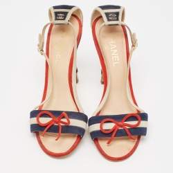 Chanel Multicolor Suede CC Bow Cork Heel Ankle Strap Sandals Size 37
