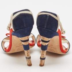Chanel Multicolor Suede CC Bow Cork Heel Ankle Strap Sandals Size 37