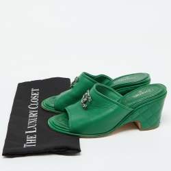 Chanel Green Leather CC Chain Details Quilted Block Heel Sandals Size 38.5
