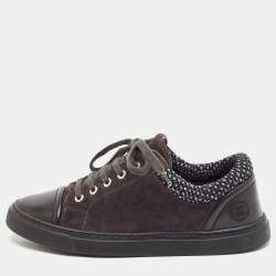 Pre Owned Chanel Black/Grey Leather and Suede CC Lace Up Sneakers Size 37.5