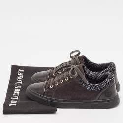 Pre Owned Chanel Black/Grey Leather and Suede CC Lace Up Sneakers Size 37.5