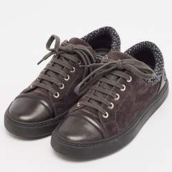 Pre Owned Chanel Black/Grey Leather and Suede CC Lace Up Sneakers Size 37.5