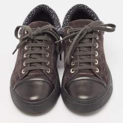 Pre Owned Chanel Black/Grey Leather and Suede CC Lace Up Sneakers Size 37.5