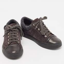 Pre Owned Chanel Black/Grey Leather and Suede CC Lace Up Sneakers Size 37.5