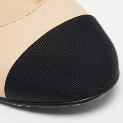 Pre Owned Chanel Beige/Black Leather Cap Toe Ballet Flats Size 40.5