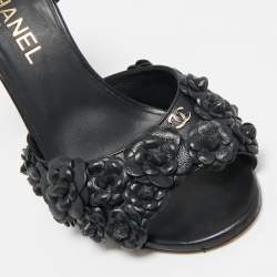 Chanel Black Leather Camellia Applique Ankle Strap Sandals Size 37.5