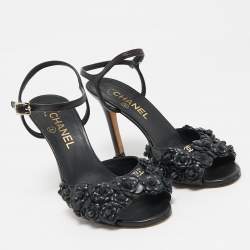 Chanel Black Leather Camellia Applique Ankle Strap Sandals Size 37.5