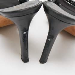 Chanel Black Leather Camellia Applique Ankle Strap Sandals Size 37.5