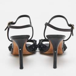 Chanel Black Leather Camellia Applique Ankle Strap Sandals Size 37.5