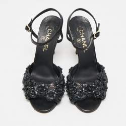 Chanel Black Leather Camellia Applique Ankle Strap Sandals Size 37.5