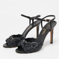 Chanel Black Leather Camellia Applique Ankle Strap Sandals Size 37.5