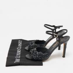 Chanel Black Leather Camellia Applique Ankle Strap Sandals Size 37.5