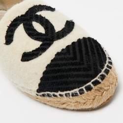 Pre Owned Chanel Cream/Black Felt Fabric and Velvet CC Espadrille Flats Size 38
