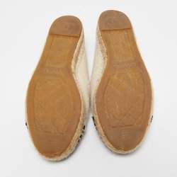 Pre Owned Chanel Cream/Black Felt Fabric and Velvet CC Espadrille Flats Size 38