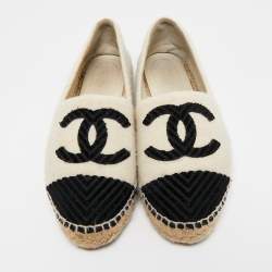 Pre Owned Chanel Cream/Black Felt Fabric and Velvet CC Espadrille Flats Size 38