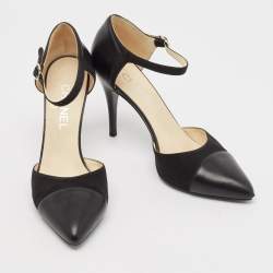 Pre Owned Chanel Black Leather and Fabric CC Ankle Strap Pumps Size 40