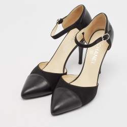 Pre Owned Chanel Black Leather and Fabric CC Ankle Strap Pumps Size 40