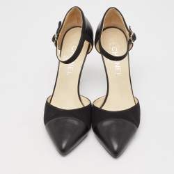 Pre Owned Chanel Black Leather and Fabric CC Ankle Strap Pumps Size 40