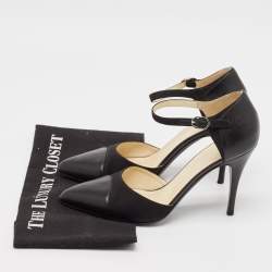 Pre Owned Chanel Black Leather and Fabric CC Ankle Strap Pumps Size 40