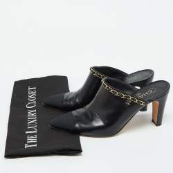 Chanel Black Leather CC Logo Chain Link Pointed Toe Mules Size 39