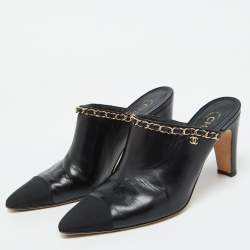 Chanel Black Leather CC Logo Chain Link Pointed Toe Mules Size 39