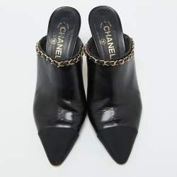 Chanel Black Leather CC Logo Chain Link Pointed Toe Mules Size 39
