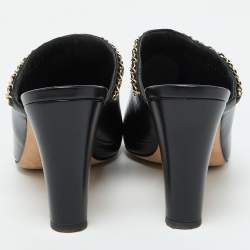Chanel Black Leather CC Logo Chain Link Pointed Toe Mules Size 39