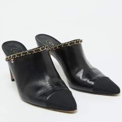 Chanel Black Leather CC Logo Chain Link Pointed Toe Mules Size 39