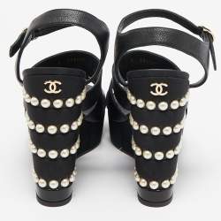 Chanel Black Leather CC Faux Pearl Wedge Strappy Sandals Size 37