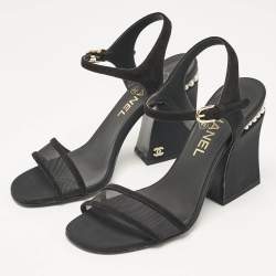 Chanel Black Mesh and Suede CC Ankle Strap Sandals Size 36