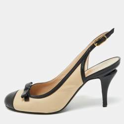 Pre Owned Chanel Beige/Black Leather Cap Toe CC Bow Slingback Pumps Size 39.5