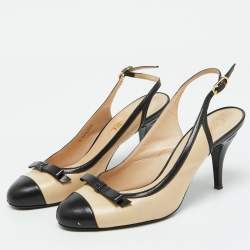 Pre Owned Chanel Beige/Black Leather Cap Toe CC Bow Slingback Pumps Size 39.5