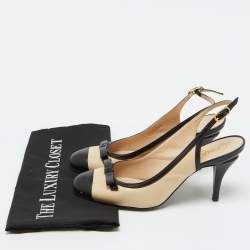 Pre Owned Chanel Beige/Black Leather Cap Toe CC Bow Slingback Pumps Size 39.5