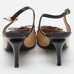 Pre Owned Chanel Beige/Black Leather Cap Toe CC Bow Slingback Pumps Size 39.5
