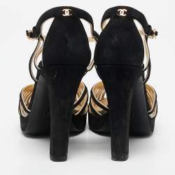 Pre Owned Chanel Black/Gold Suede T- Strap Platform Pumps Size 38
