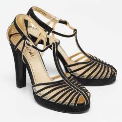 Pre Owned Chanel Black/Gold Suede T- Strap Platform Pumps Size 38