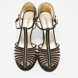 Pre Owned Chanel Black/Gold Suede T- Strap Platform Pumps Size 38