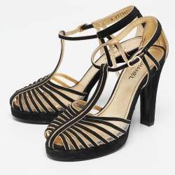Pre Owned Chanel Black/Gold Suede T- Strap Platform Pumps Size 38