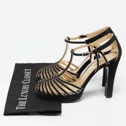 Pre Owned Chanel Black/Gold Suede T- Strap Platform Pumps Size 38