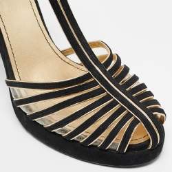 Pre Owned Chanel Black/Gold Suede T- Strap Platform Pumps Size 38