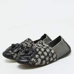 Pre Owned Chanel Black/White Tweed Fabric and Leather Camellia Loafers Size 37