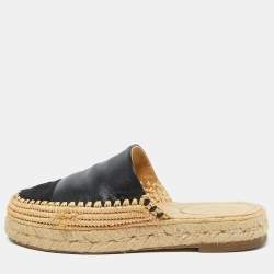 Pre Owned Chanel Black Leather and Raffia CC Platform Espadrille Mules Size 36