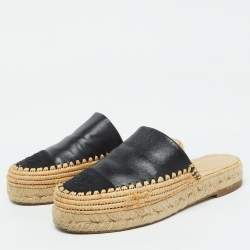 Pre Owned Chanel Black Leather and Raffia CC Platform Espadrille Mules Size 36