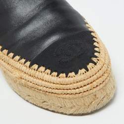 Pre Owned Chanel Black Leather and Raffia CC Platform Espadrille Mules Size 36