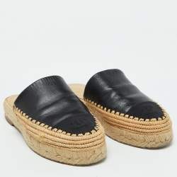 Pre Owned Chanel Black Leather and Raffia CC Platform Espadrille Mules Size 36