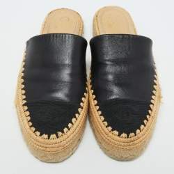 Pre Owned Chanel Black Leather and Raffia CC Platform Espadrille Mules Size 36