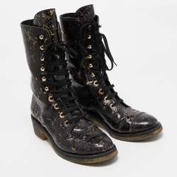 Chanel Black/Gold Textured Leather Mid Calf Length Boots Size 40