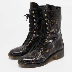 Chanel Black/Gold Textured Leather Mid Calf Length Boots Size 40