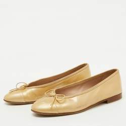 Pre Owned Chanel Sand Beige Patent Leather CC Cap Toe Bow Ballet Flats Size 37